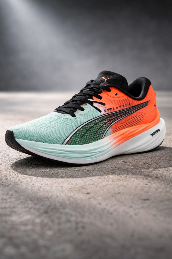 Atleta de Hyrox empurrando sled com o Puma Deviate Nitro 3